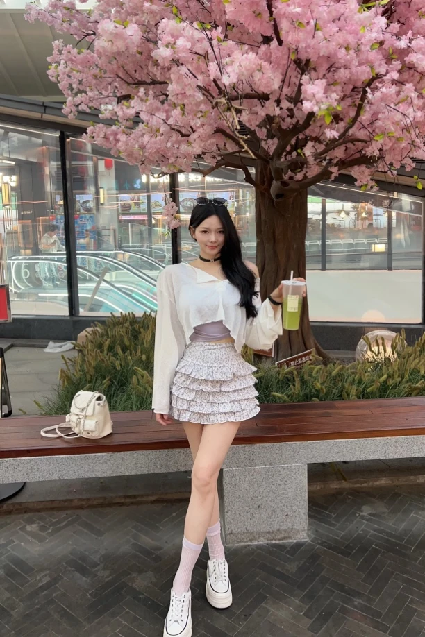 【TX】田野少女白防晒罩衫/香香紫背心/碎花短裙裤