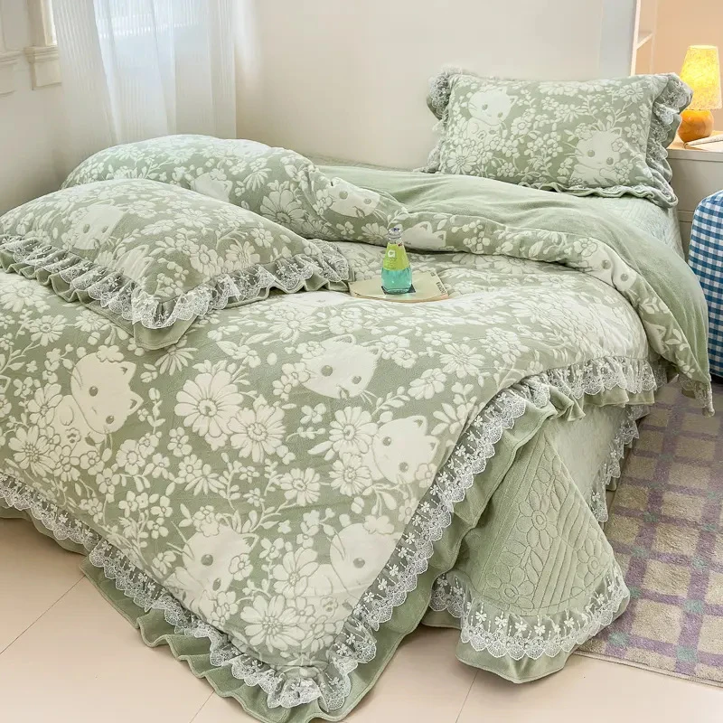 高端秋冬新款提花牛奶绒床盖款四件套公主风宝宝绒珊瑚绒床品套件