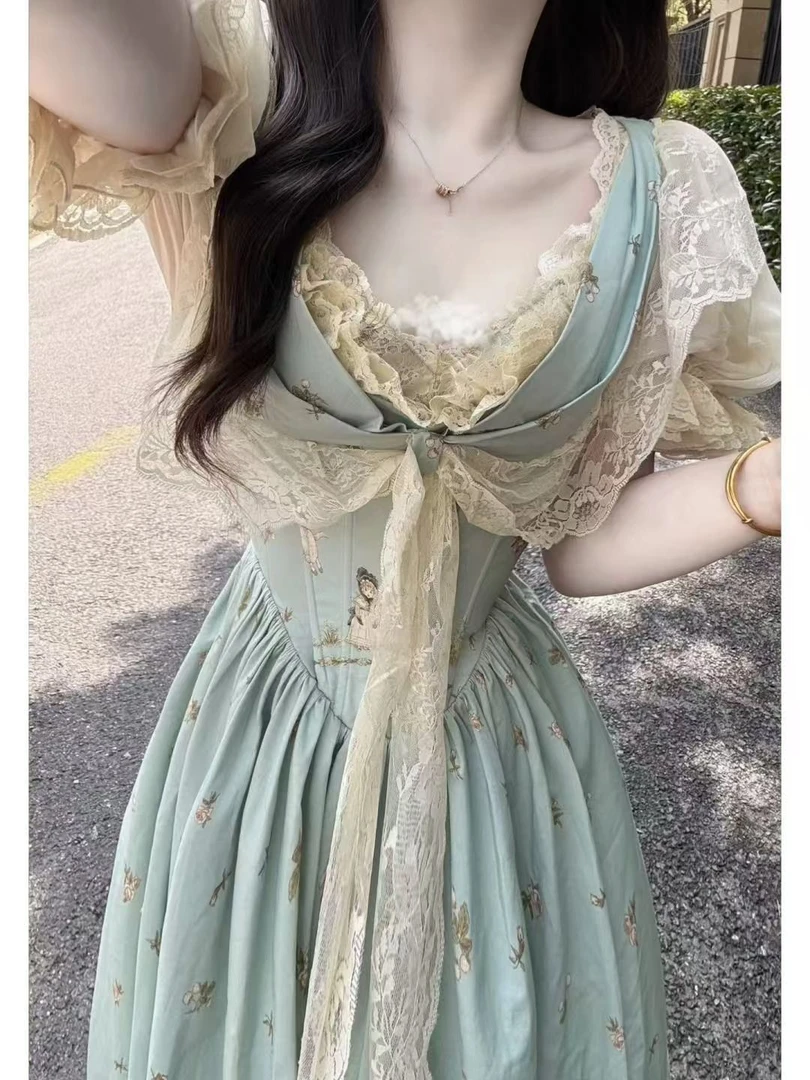 呆呆鱼服饰⑨.⑨⑨两件夏季不规则娃娃领连衣裙拼接睡裙洛丽塔蕾丝