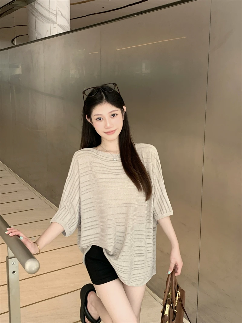 慵懒风宽松镂空冰丝上衣女2025夏季百搭新款气质显白显瘦针织短袖