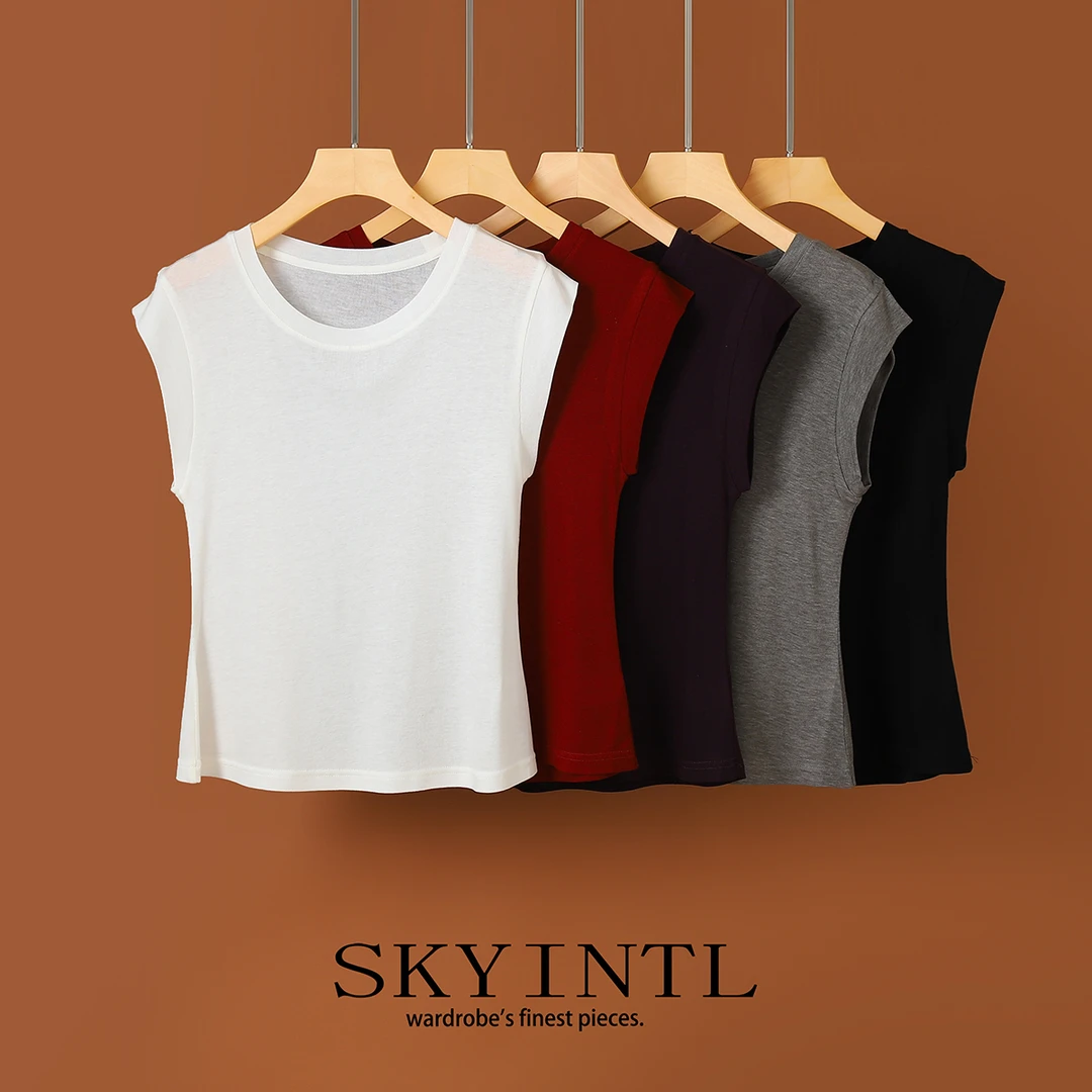 SKYINTL桑蚕丝天丝针织小飞袖圆领t恤女2025夏季新款修身薄款上衣