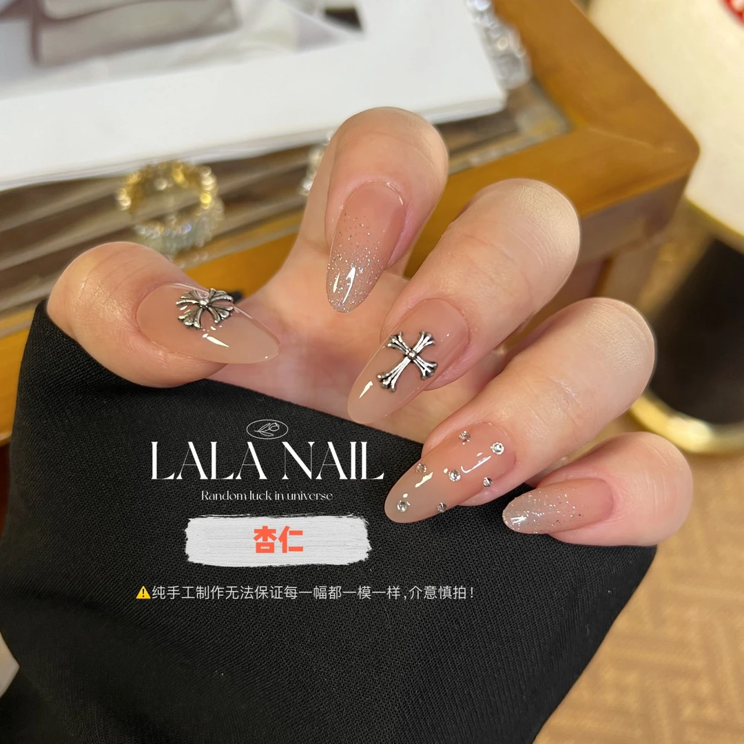 【洛雨】日常美甲裸色穿戴甲通勤气质日常显白十字架长款显白带钻