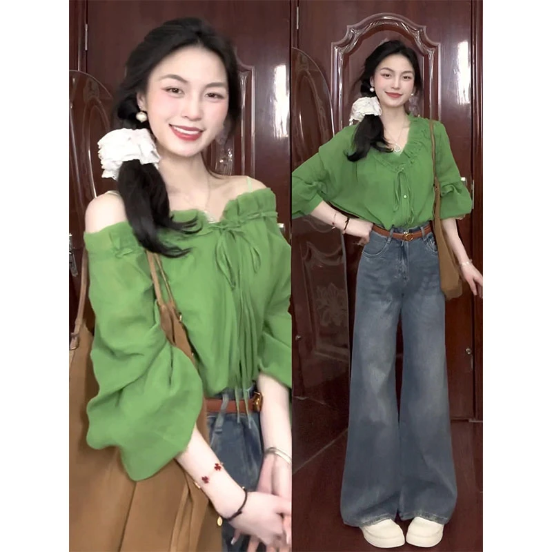 春季穿搭一整套2025新款时尚减龄设计感V领系带衬衫牛仔裤两件套