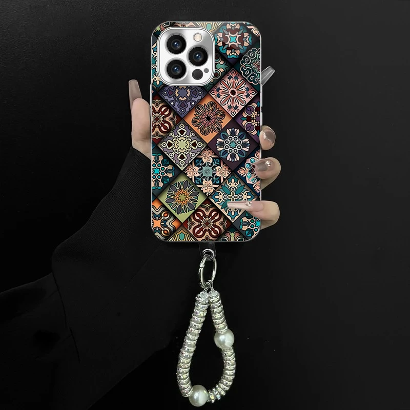 适用于苹果/oppo/华为/vivo/小米国风格子图腾电镀玻璃手链手机壳