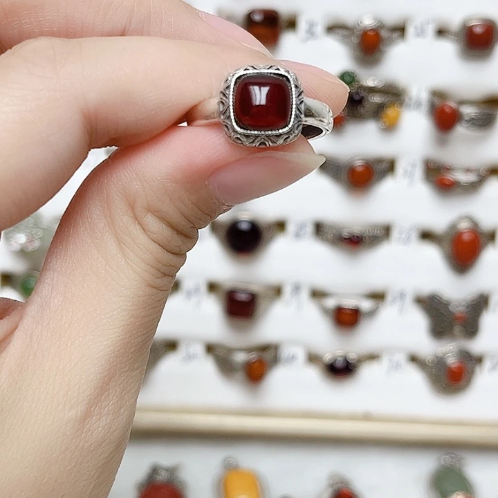 血珀银S925镶嵌戒指天然