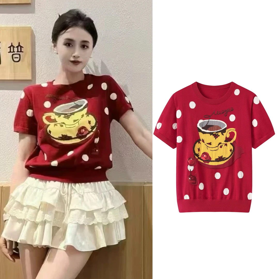 新款咖啡下午茶波点针织毛衫短袖T恤【8316】