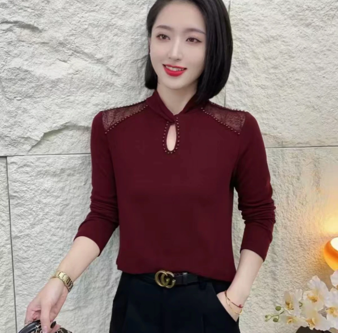 6828新品加厚设计感显瘦修身网红钉珠交叉领百搭女士长袖上衣T