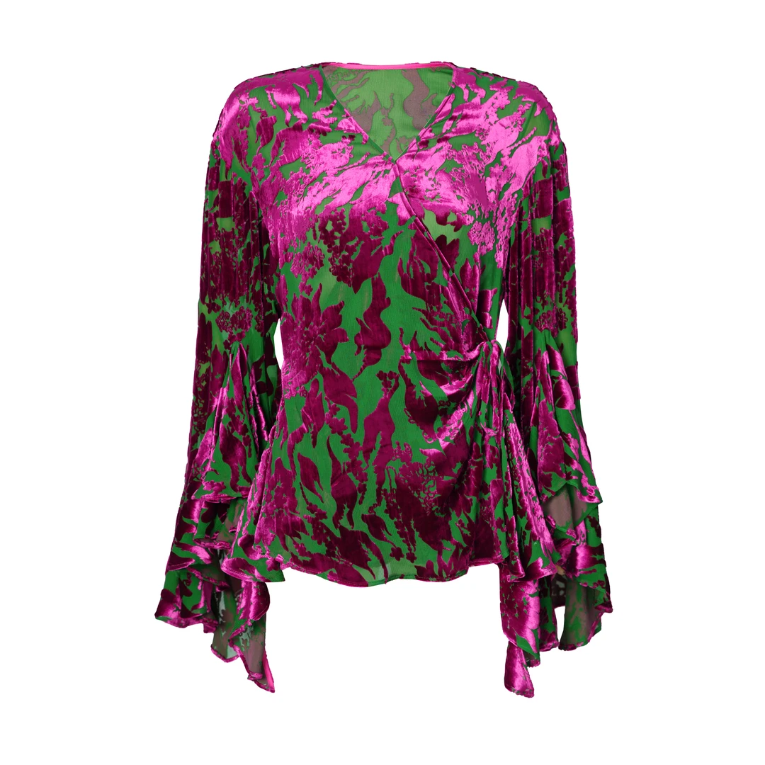 【折扣号专属】JUNYANG杨君 中式剪花植绒V领荷叶袖衬衫