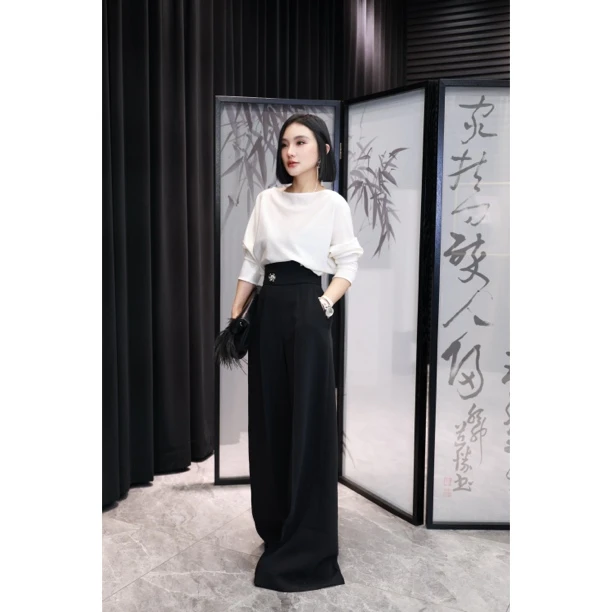 【妙妙精选】HUANGNAJI玫瑰扣高腰时尚气质休闲醋酸阔腿裤0902