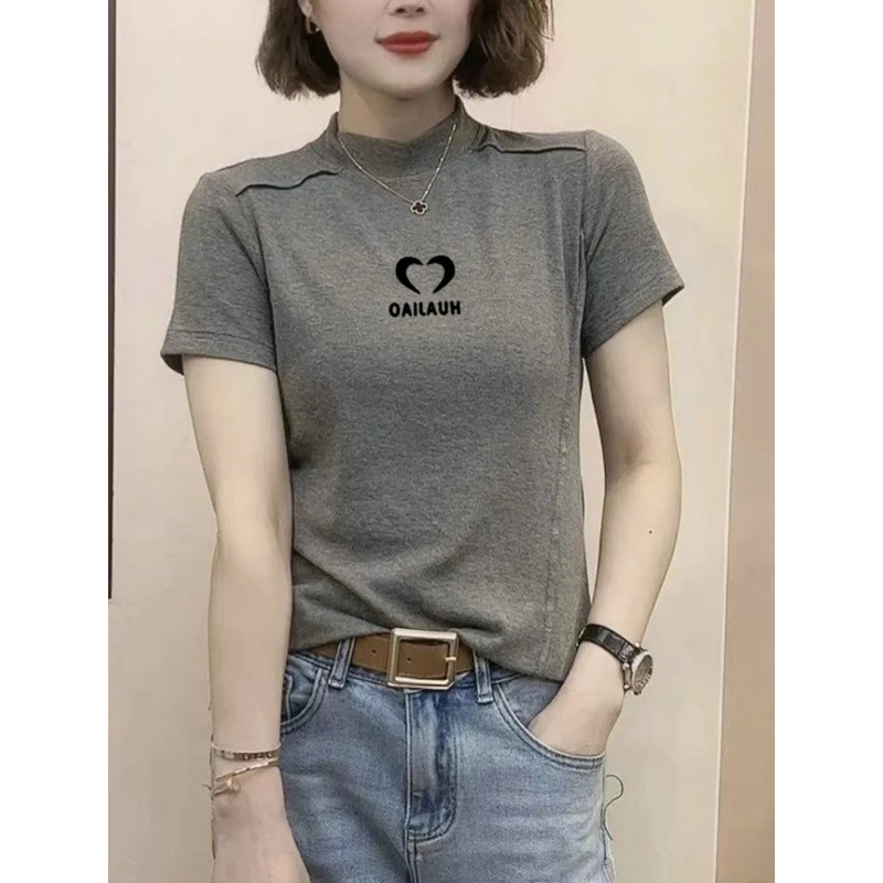 纯棉时尚洋气半高领短袖t恤女2025夏季新款百搭宽松半袖体恤上衣
