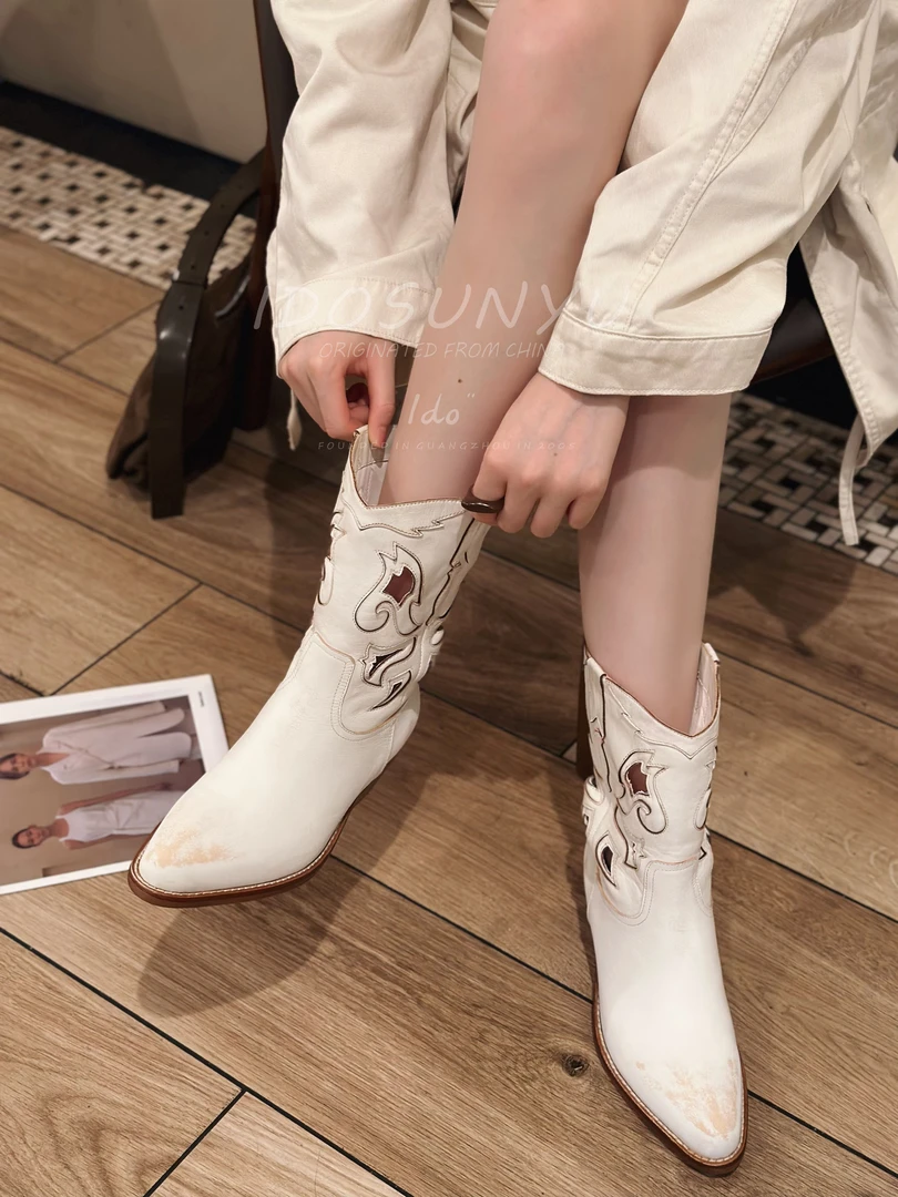 尖头靴新款中筒靴百搭时尚粗跟靴615-158米白