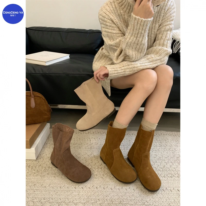 秋冬圆头短靴女软底翻毛皮博肯两穿靴子马丁靴