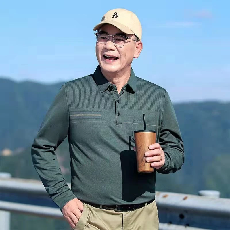 2025爸爸装长袖翻领薄款上衣中老年男士真口袋大码打底衫男春秋季