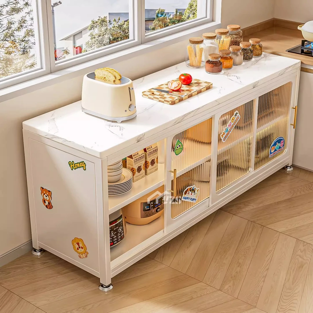 岩板厨房柜餐边柜落地置物架微波炉多功能收纳碗柜推拉门铁艺橱柜