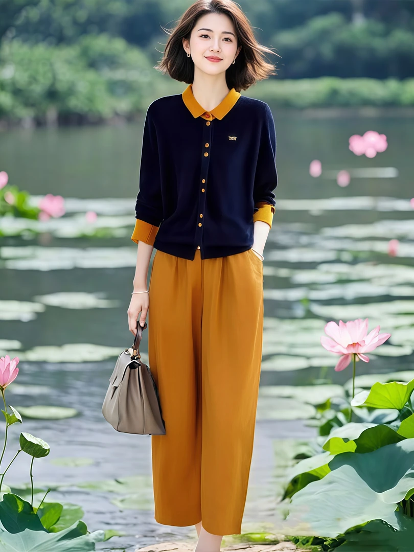 减龄休闲套装女2025秋季新款韩系撞色针织上衣+松紧腰九分裤套装