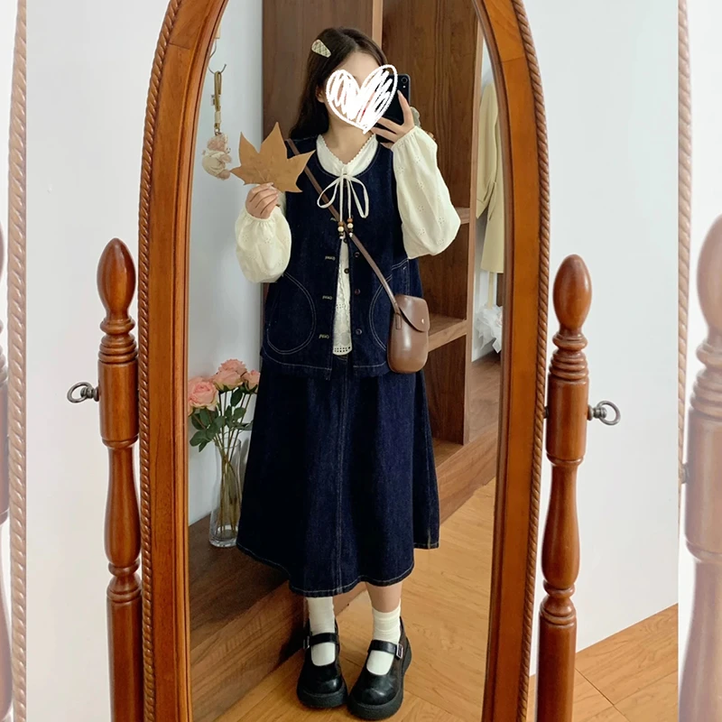 复古牛仔马甲系带叠穿衬衫高腰a字显瘦长款半裙秋季三件套装