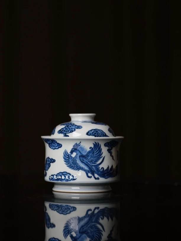 五云随安青花云纹飞马盖碗口径9.5高6满容210毫升