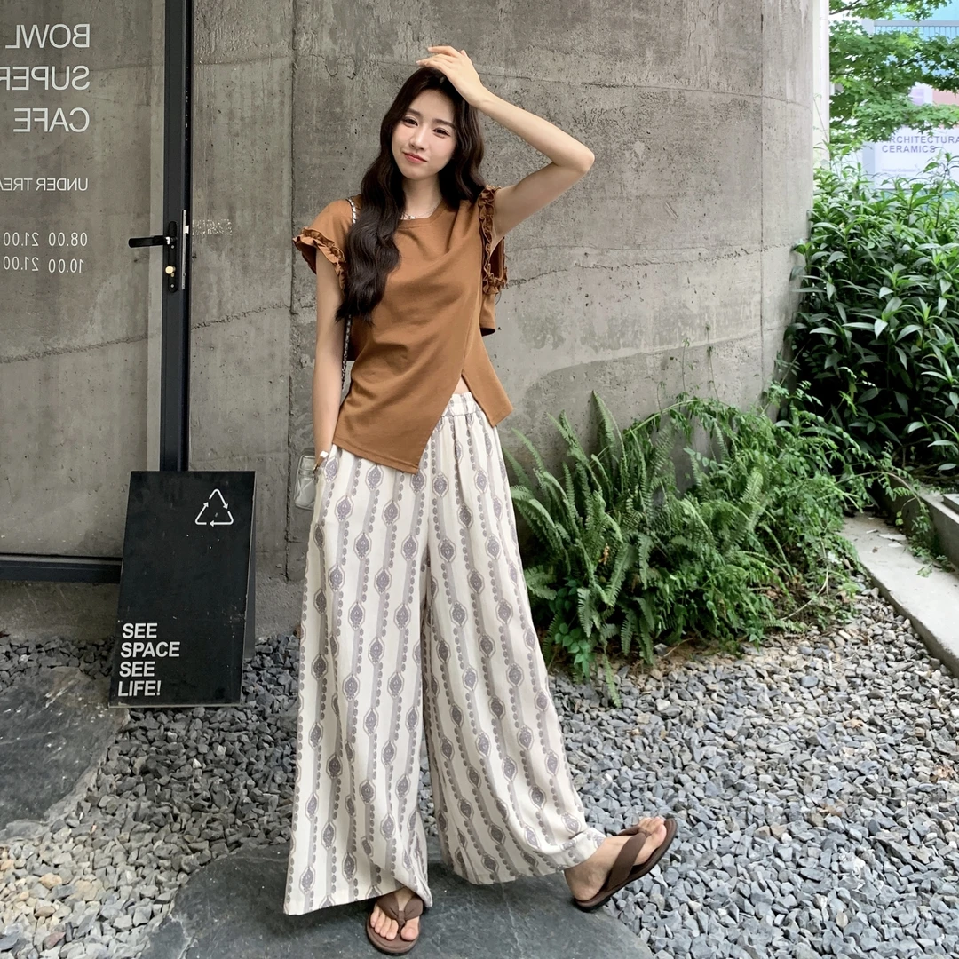 一整套盐系穿搭松弛感上衣套装女2025年夏季新款印花阔腿裤两件套