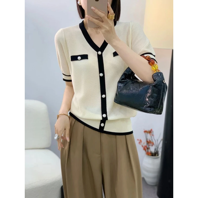 2025夏季新款洋气小香风v领提花针织衫短袖显瘦宽松百搭上衣T恤女