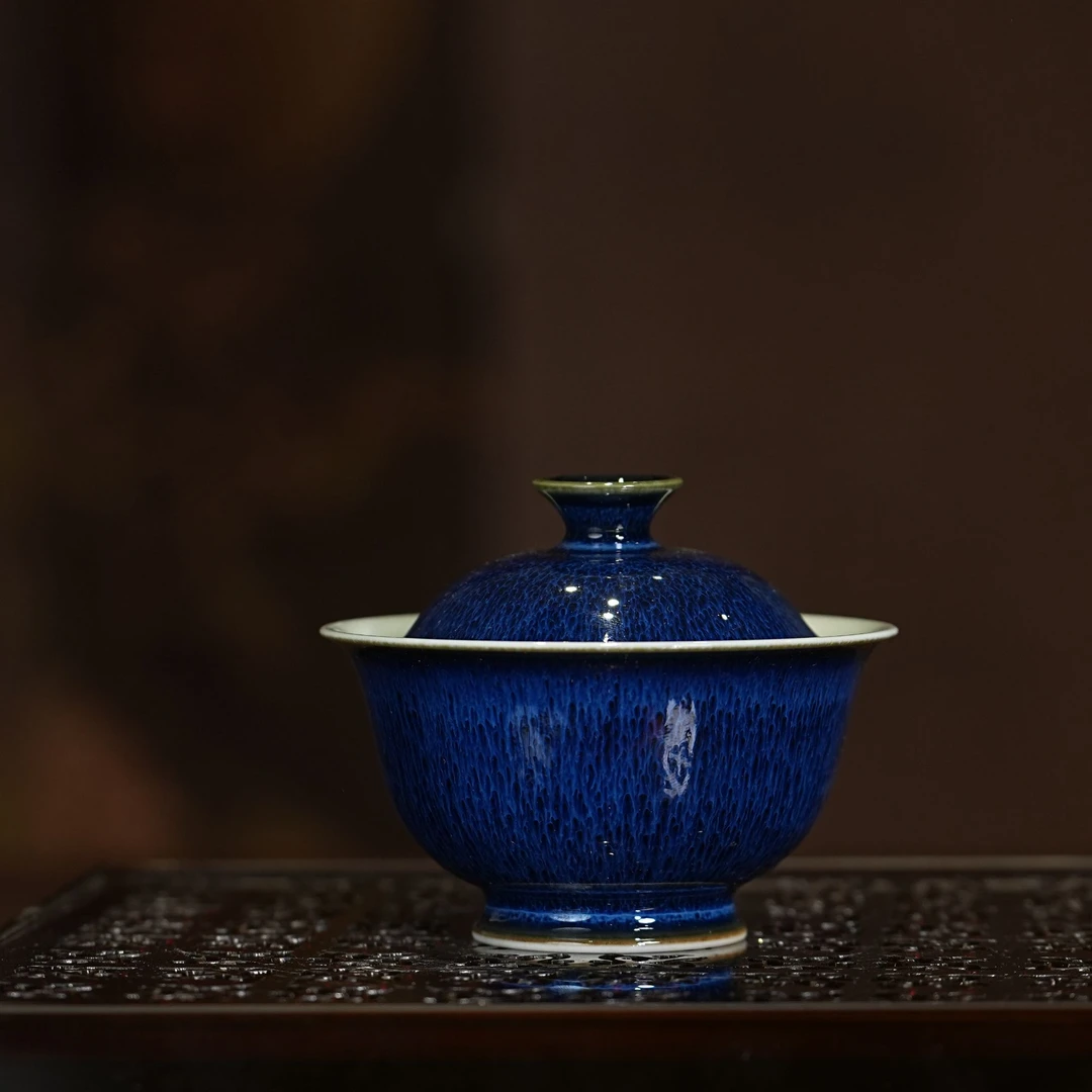 永明尚玩丨明均釉藻井纹盖碗 130ML  景德镇陶瓷纯手工茶杯茶具
