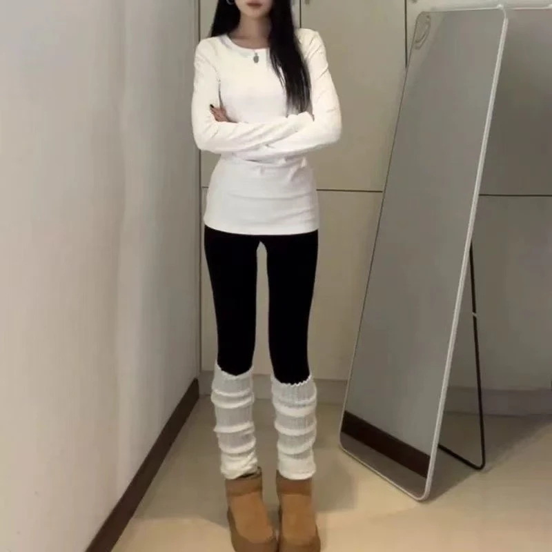 配鲨鱼裤白色内搭t恤打底衫女2025春新款中长款纯色修身长袖上衣