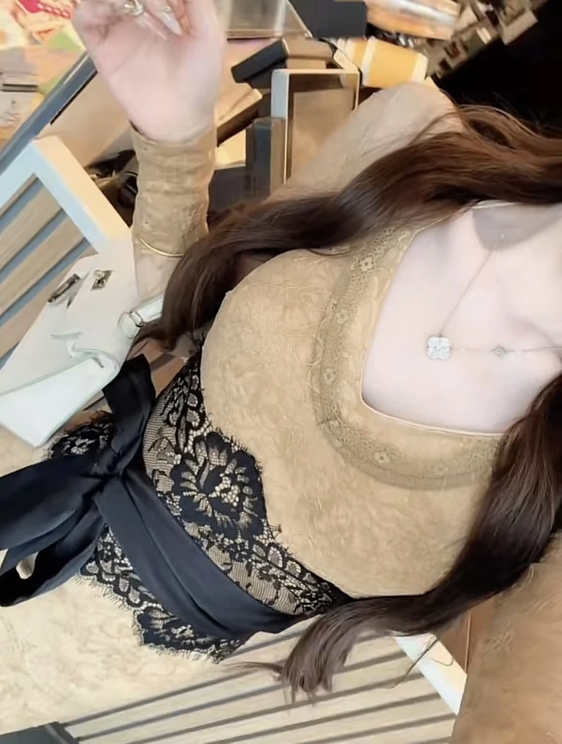 秋冬法式纯欲御姐修身显瘦V领蕾丝绑带款长裙