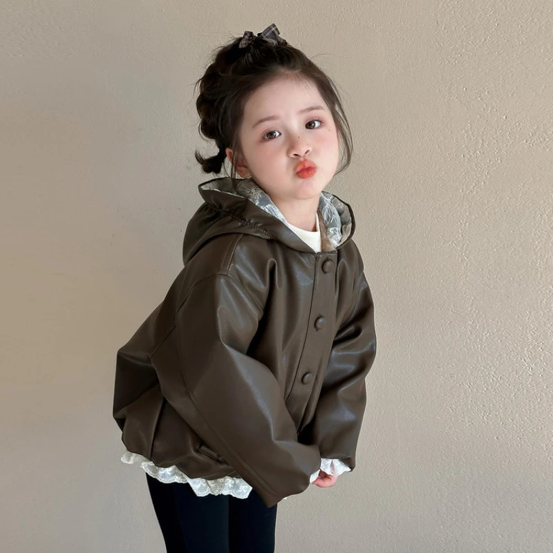 加绒蕾丝连帽皮衣外套秋冬季2025新款中小童洋12岁女童潮款皮衣