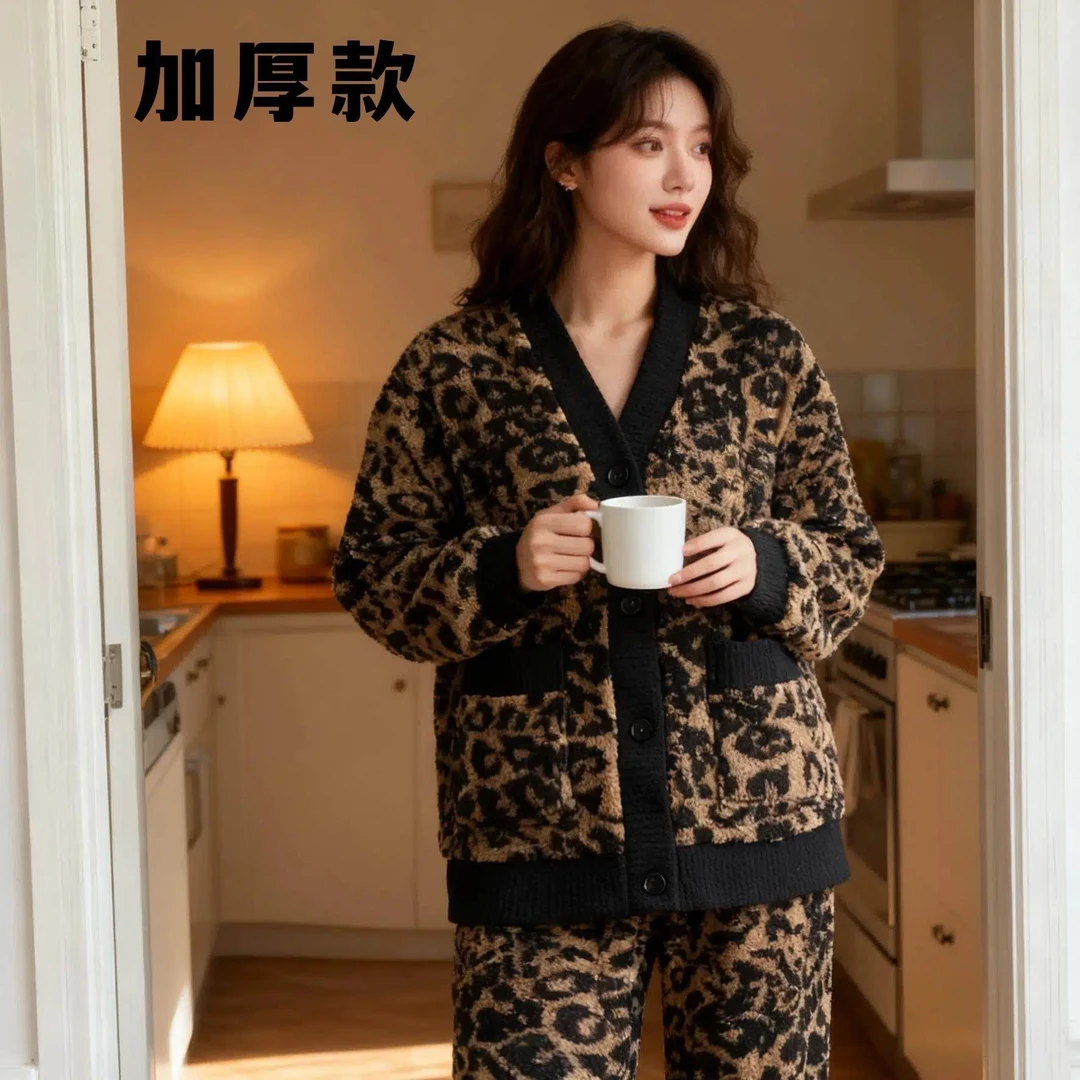 豹纹特厚保暖睡衣套装女零下十度羊羔绒家居服可外穿
