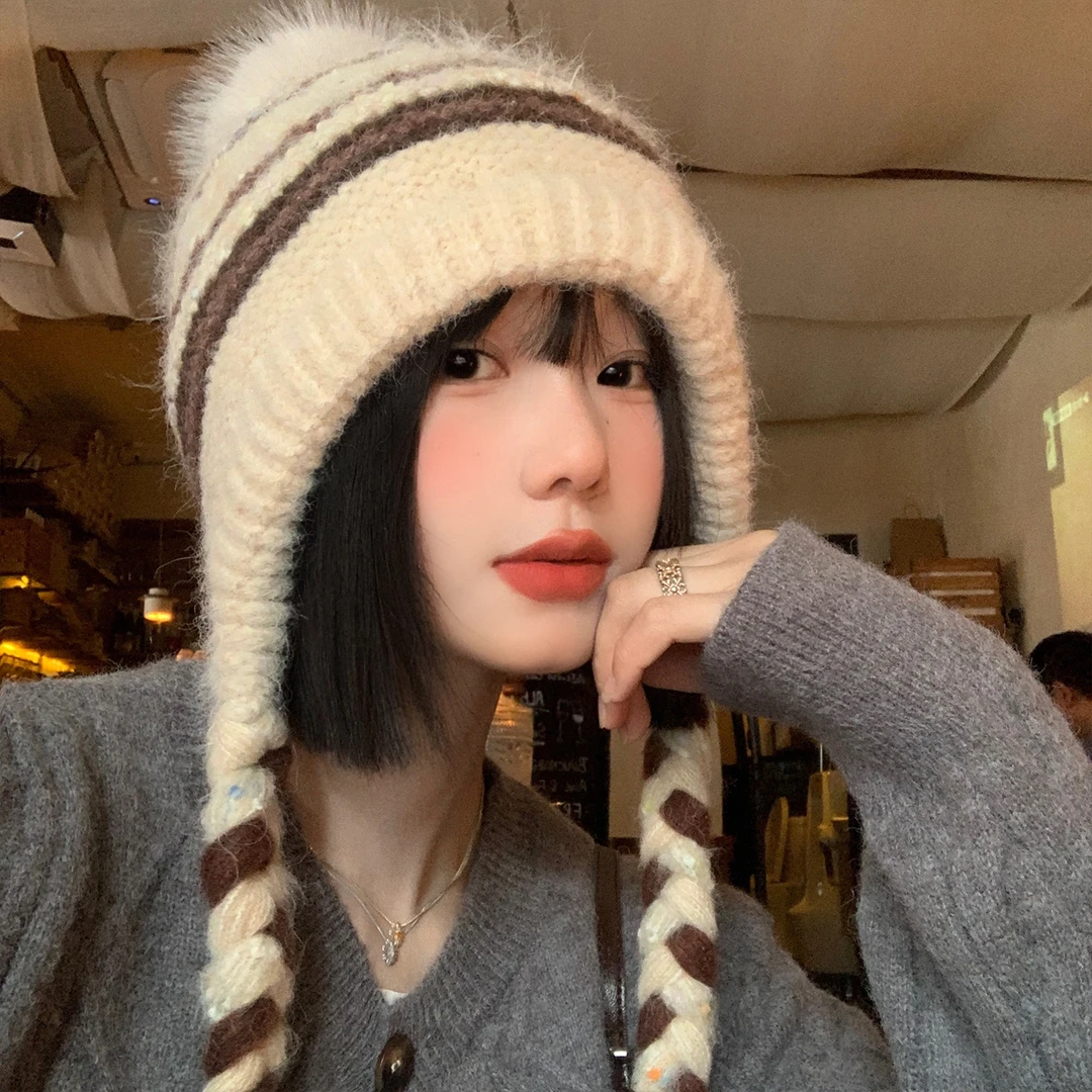 大头围条纹辫子针织帽子女秋冬保暖加厚防寒显脸小护耳套头毛线帽