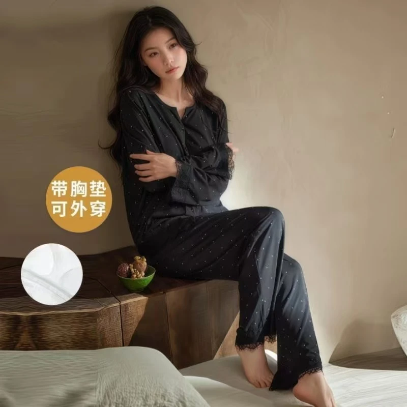 春秋季女士睡衣2025新款蕾丝带胸垫长袖长裤甜美可外穿家居服套装