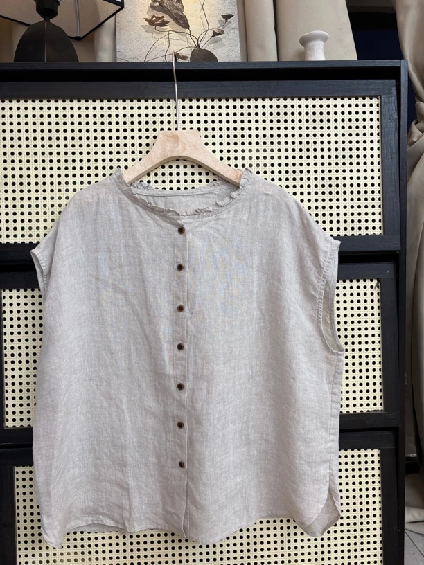 染禧亚麻木耳边飞袖上衣女夏日系宽松显瘦气质短袖衬衫