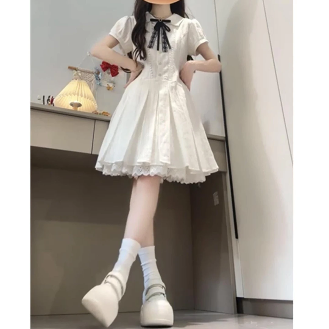 法式学院风白色连衣裙子女夏季甜美初恋公主裙收腰小个子百褶短裙