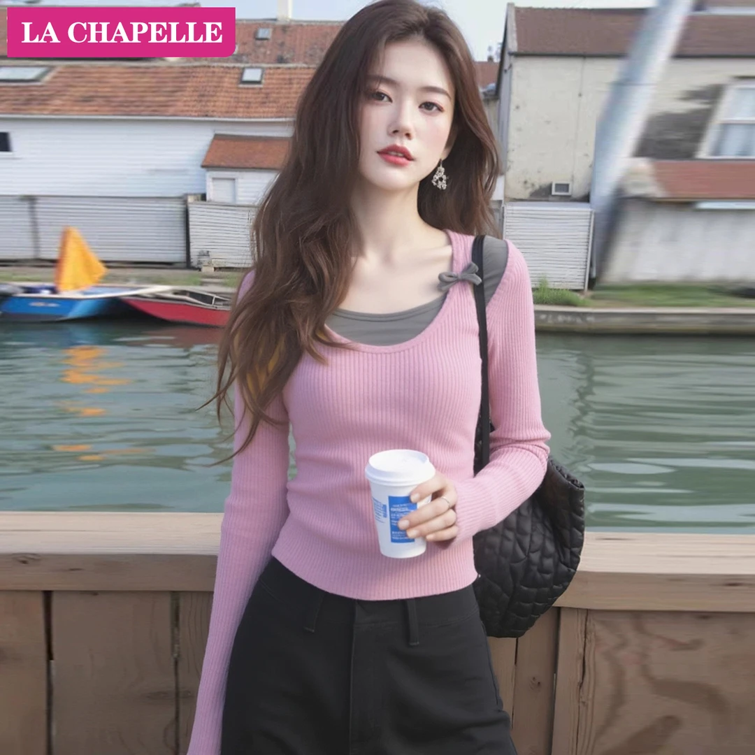 拉夏贝尔假两件长袖针织衫女2025秋冬新款修身显瘦设计感打底上衣