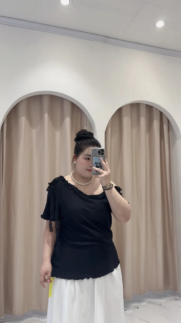 文文家夏季新款蕾丝漏肩T恤3702