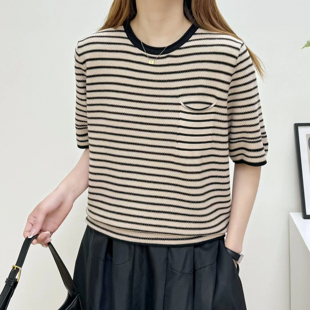 【正品现货】棉线条纹撞色圆领针织短袖春夏百搭休闲宽松显瘦上衣