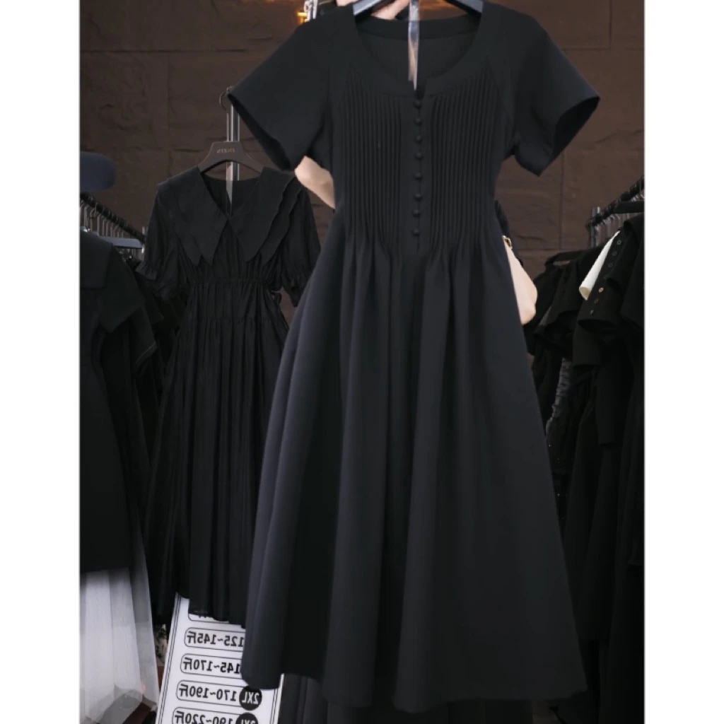 原创大码设计师款女装气质新款扣子子夏季压褶气质法式大码连衣裙