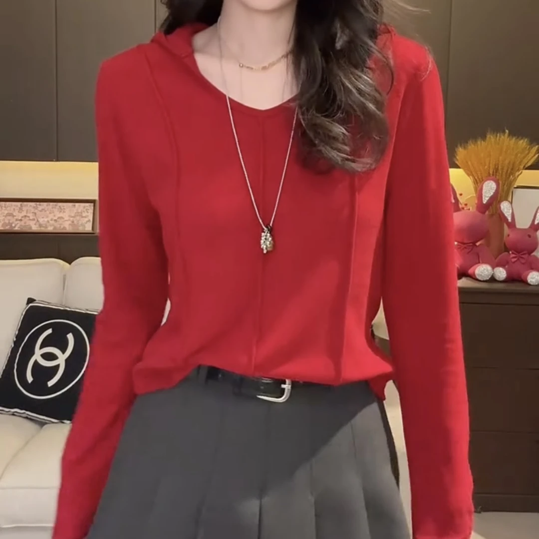 秋冬新款时尚百搭连帽纯色长袖T恤女宽松显瘦洋气内搭红色气质