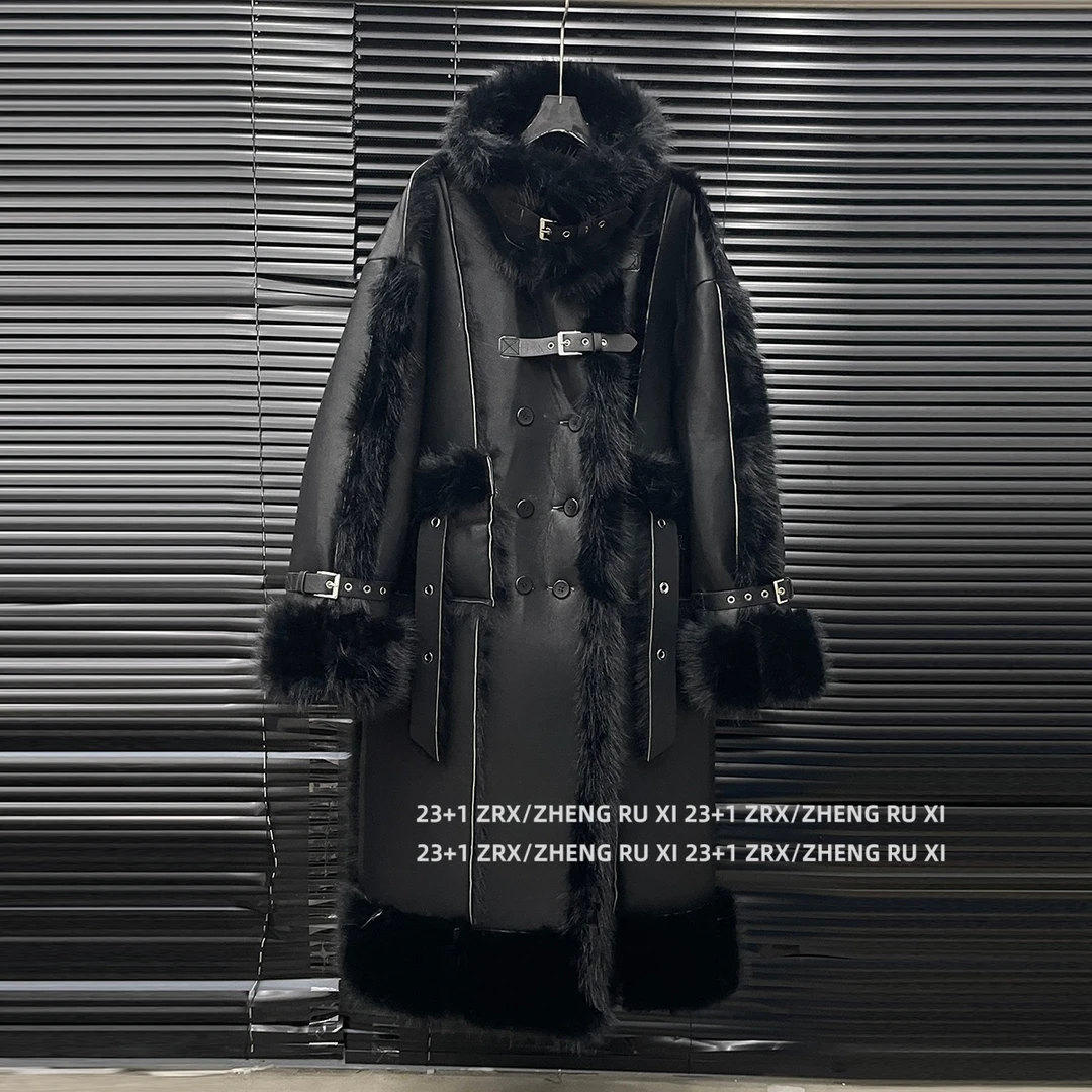 付新博女装皮毛一体大衣情侣加绒加厚拼接毛绒长款棉服外套15210