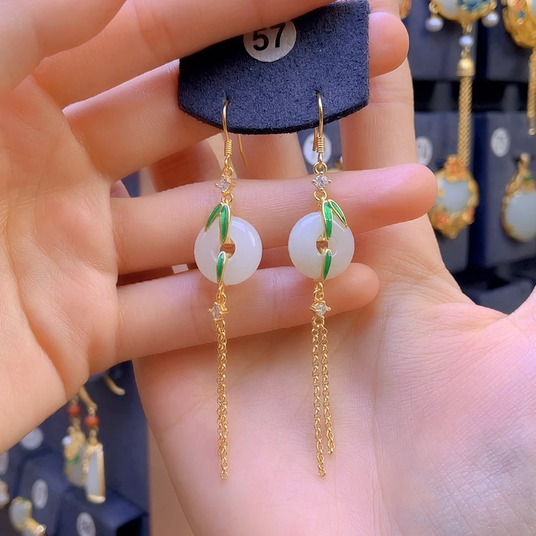 和田玉耳饰银S925镀金镶嵌