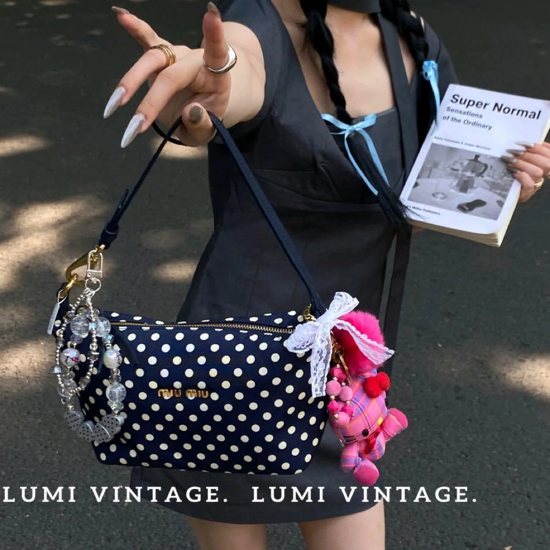 95新 MIU MIU/缪缪 蓝白波点饭盒单肩包78925288