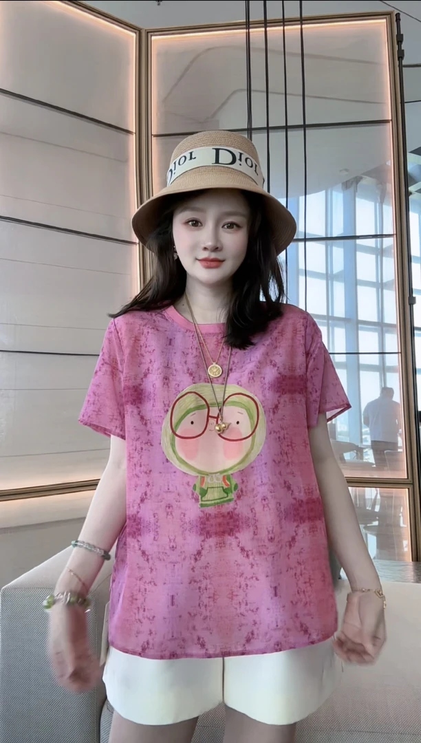 【丝芙玉禄】（F686）100%真丝双绉创意粉色减龄气质桑蚕丝t恤上衣