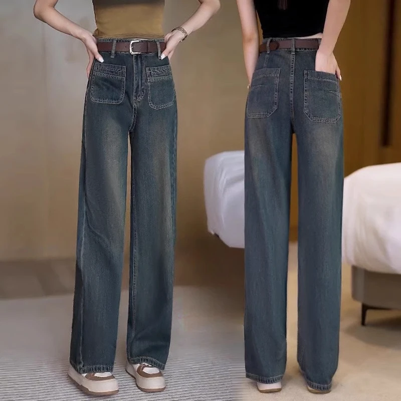 拉夏贝尔复古水洗牛仔裤女春季2025年新款大码显瘦宽松高腰直筒裤