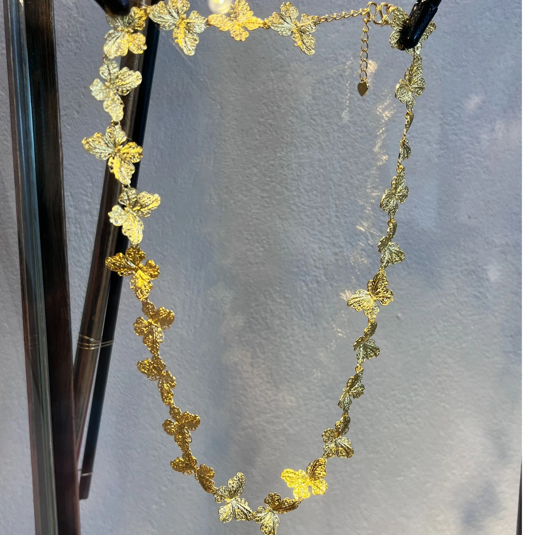 鳳喆古法錾刻精品工艺设计师款蝴蝶花国风日常项链(一对)足金999