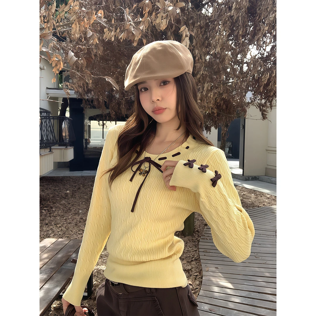 韩系甜美蝴蝶结系带圆领针织衫女秋冬新款超好看长袖修身显瘦上衣