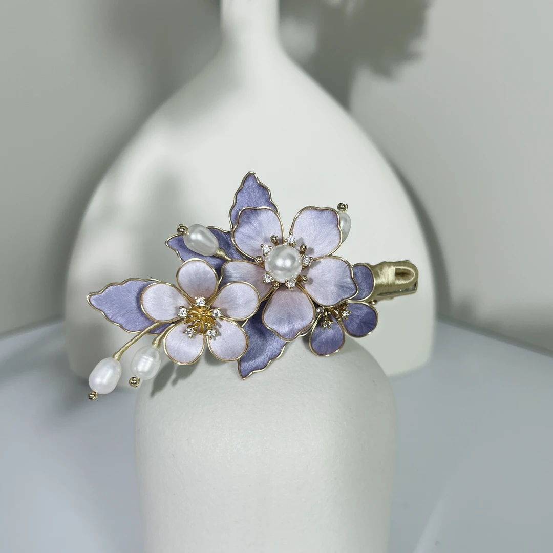 素雅紫色非遗绒花珍珠发饰秋冬新品民族风女边夹仙女风清新百搭