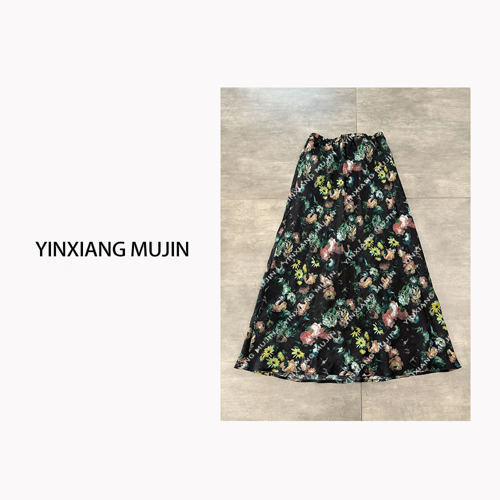 【YINXIANG MUJIN】黑玫瑰麻半裙 复古印花苎麻花裙女士气质半身裙