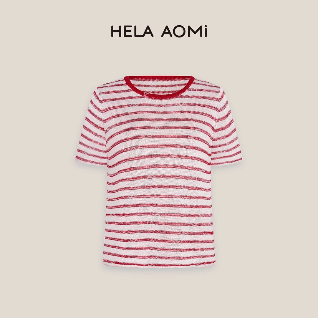 HELAAOMI “奈尔条纹”莱赛尔亚麻撞色条纹圆领针织衫CY5BO32202