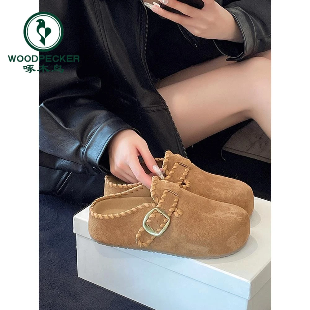 啄木鸟厚底内增高勃肯鞋女2025秋新款小个子一脚蹬包头半拖鞋外穿