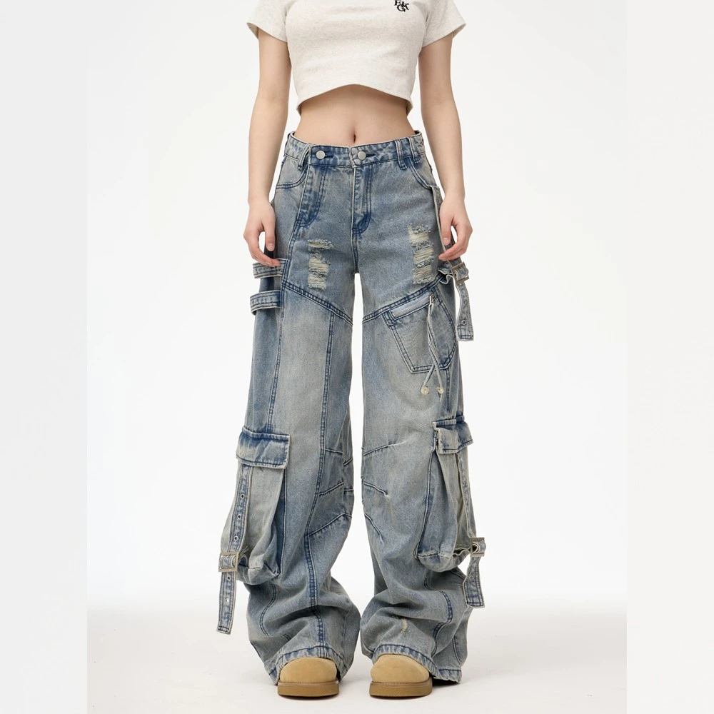 美式复古重工破洞飘带弯刀牛仔裤男女宽松百搭多口袋阔腿工装长裤