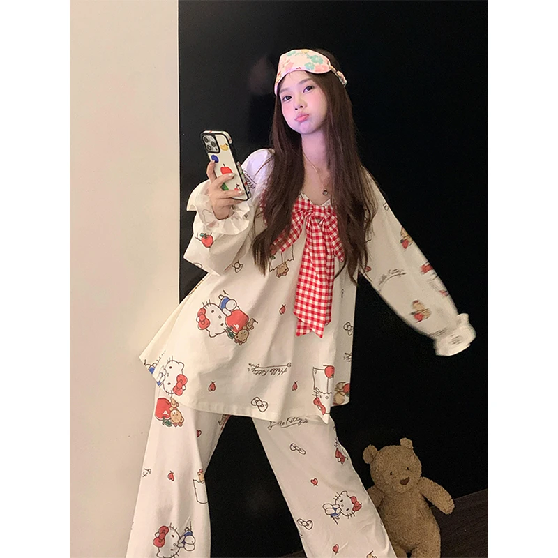 日系可爱蝴蝶结印花睡衣女夏季甜美少女大码长袖长裤家居服两件套